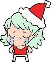 disegno a tratteggio di una ragazza elfo piangente che indossa il cappello di Babbo Natale vettore