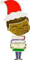 cartone animato retrò di un ragazzo sorridente con una pila di libri che indossa il cappello della santa vettore