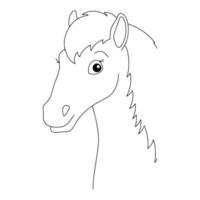 simpatica testa di cavallo. animale da fattoria. pagina del libro da colorare per bambini. stile cartone animato. illustrazione vettoriale isolato su sfondo bianco.