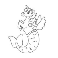 libro da colorare per bambini. carino sirena unicorno. personaggio dei cartoni animati. illustrazione vettoriale. sagoma di contorno nera. isolato su sfondo bianco. vettore