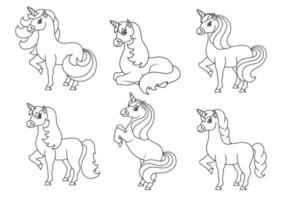 carino unicorno. cavallo magico fata. pagina del libro da colorare per bambini. stile cartone animato. illustrazione vettoriale isolato su sfondo bianco.