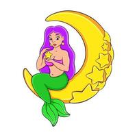 una bella sirena è seduta sulla luna. personaggio dei cartoni animati. illustrazione vettoriale colorata. isolato su sfondo bianco. elemento di design. modello per il tuo design, libri, adesivi, carte.