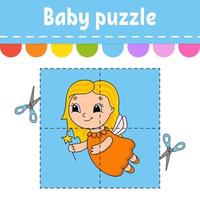 puzzle del bambino. livello facile. schede flash. taglia e gioca. foglio di lavoro per attività a colori. gioco per bambini. personaggio dei cartoni animati. vettore