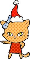 illustrazione in stile fumetto carino di un gatto che indossa un vestito che indossa un cappello da Babbo Natale vettore