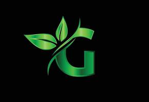 alfabeto monogramma g iniziale con due foglie. concetto di logo ecologico verde. logo per ecologico vettore