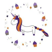 illustrazione vettoriale stilizzata come disegno di un bambino. unicorno bianco circondato da torte, stelle e glitter