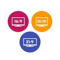 icone delle proporzioni su bianco, 16 9, 16 10, 21 9 TV widescreen, monitor, illustrazione vettoriale