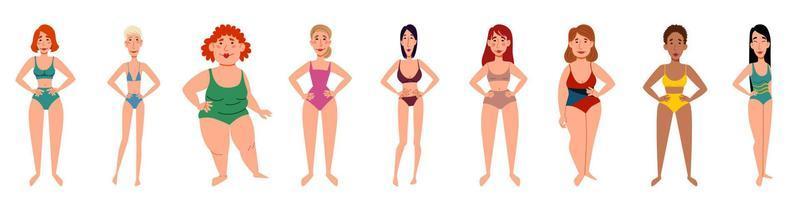 un insieme di personaggi femminili multinazionali positivi di diverse forme in costume da bagno vettore