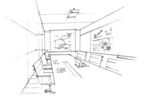 spazio della sala riunioni nel disegno dello schizzo dell'ufficio, design moderno, vettore, illustrazione 2d vettore