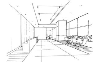 disegno dello schizzo dell'area di attesa dell'ufficio dell'azienda, design moderno, vettore, illustrazione 2d vettore