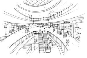 disegno dello schizzo del centro commerciale, negozi di moda e persone che camminano in giro., design moderno, vettore, illustrazione 2d vettore