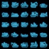 le icone della barca da pesca impostano il neon di vettore