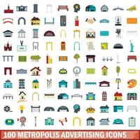 100 icone pubblicitarie della metropoli impostate, stile piatto vettore