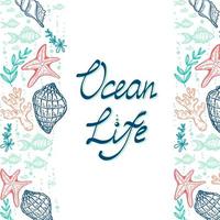 banner con sagome di creature marine su sfondo bianco. un ottimo design per la pubblicità di prodotti oceanici ecologici. conchiglie, pesci, stelle marine e alghe. elementi disegnati a mano in uno stile piatto vettore