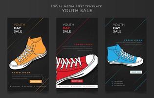modello di social media con scarpe blu, gialle e rosse su sfondo nero per il design pubblicitario vettore