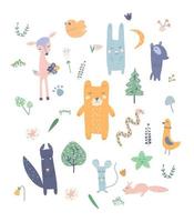 grande set di animali dei cartoni animati disegnati a mano. illustrazione vettoriale di animali per libri per bambini, cartoline, poster.