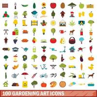 100 icone di arte del giardinaggio, stile piatto vettore