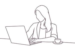 giovane donna disegnata a mano che lavora nella caffetteria con un'illustrazione del computer portatile vettore