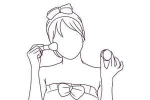 la bella ragazza disegnata a mano con l'illustrazione cosmetica della spazzola della polvere, compone il concetto vettore