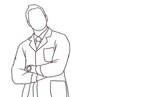 medico disegnato a mano in piedi con l'illustrazione del braccio incrociato vettore
