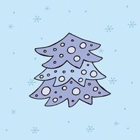 un albero di natale disegnato a mano. illustrazione vettoriale colorata in stile doodle. umore invernale. ciao 2023. buon natale e felice anno nuovo. albero blu con giocattoli su uno sfondo con fiocchi di neve.