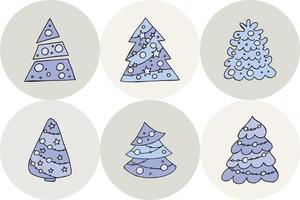 un albero di natale disegnato a mano. illustrazione vettoriale in stile doodle. umore invernale. ciao 2023. buon natale e felice anno nuovo. alberi blu con giocattoli su sfondo grigio.