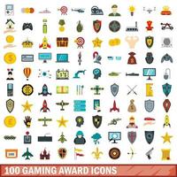 100 icone del premio di gioco impostate, stile piatto vettore