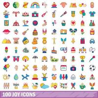100 icone di gioia impostate, stile cartone animato vettore