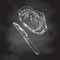 illustrazione disegnata a mano di vettore del panino con burro e coltello. schizzo bianco isolato sulla lavagna nera. icona di schizzo ed elemento da forno per stampa, web, mobile.