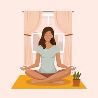 incredibile ragazza cartone animato in loto yoga pratica la meditazione. pratica dello yoga. illustrazione vettoriale. giovane e felice donna che medita vettore