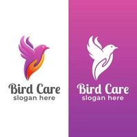 design del logo della cura degli uccelli degli animali di bellezza con forma a mano, simbolo della cura della colomba con due versioni vettore