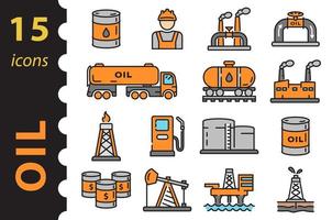 set di icone per l'industria petrolifera e del gas a colori. illustrazione vettoriale in stile piatto.