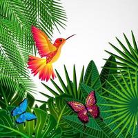 foglie tropicali con uccelli, farfalle. sfondo floreale con colibri. vettore