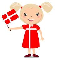 bambino sorridente, ragazza, con in mano una bandiera della Danimarca isolata su sfondo bianco. mascotte dei cartoni animati di vettore. illustrazione delle vacanze al giorno del paese, giorno dell'indipendenza, giorno della bandiera. vettore