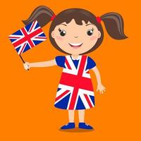 bambino sorridente, ragazza, con in mano una bandiera della Gran Bretagna isolata su sfondo arancione. mascotte dei cartoni animati di vettore. illustrazione delle vacanze al giorno del paese, giorno dell'indipendenza, giorno della bandiera. vettore
