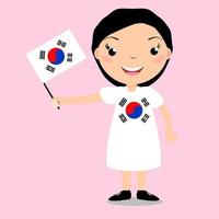 bambino sorridente, ragazza, con in mano una bandiera della Corea del sud isolata su sfondo bianco. mascotte dei cartoni animati di vettore. illustrazione delle vacanze al giorno del paese, giorno dell'indipendenza, giorno della bandiera. vettore