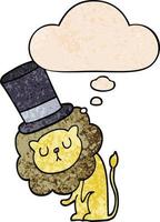 simpatico leone cartone animato che indossa cappello a cilindro e bolla di pensiero in stile grunge texture pattern vettore
