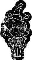 icona in difficoltà del fumetto di una ragazza aliena che indossa il cappello di Babbo Natale vettore