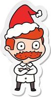 adesivo cartone animato di un uomo con i baffi sconvolto che indossa il cappello di Babbo Natale vettore