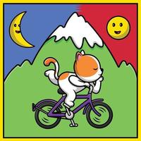 simpatico gatto che guida la bicicletta sull'illustrazione dell'icona di vettore del fumetto della montagna. icona dello sport animale concetto isolato vettore premium.