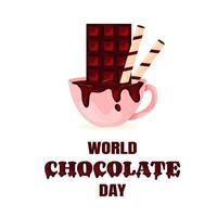 tazza di cioccolata calda con cioccolato e tubi di cioccolato croccante biglietto per la giornata mondiale del cioccolato vettore