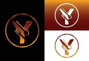 iniziale y alfabeto monogramma con una forchetta e un cucchiaio. emblema del carattere. logo vettoriale moderno per bar, ristorante, attività di cucina e identità aziendale