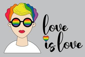 mese dell'orgoglio lgbt. ragazza lesbica con capelli arcobaleno e occhiali nei colori dell'arcobaleno - bandiera lgbt pride. l'amore è amore. illustrazione vettoriale. simbolo lgbtq. diritti umani e tolleranza. celebrazione strepitosa. vettore