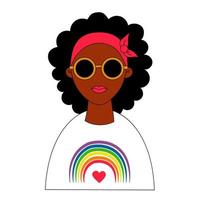 lgbt. ragazza lesbica etnica dalla pelle scura con occhiali neri e arcobaleno con cuore. mese dell'orgoglio lgbt. l'amore è amore. bandiera dell'orgoglio lgbtq nei colori dell'arcobaleno. diritti umani e tolleranza. vettore