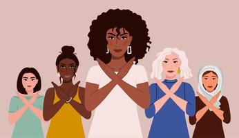 rompere il pregiudizio. un gruppo di donne di diverse nazionalità. illustrazione vettoriale del movimento contro la discriminazione e la disuguaglianza illustrazione vettoriale