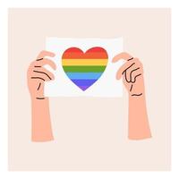 una mano tiene un segno con un arcobaleno lgbt e l'amore è amore. mese dell'orgoglio, bandiera lgbt, arcobaleno. illustrazione vettoriale piatta