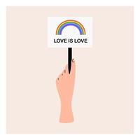 una mano tiene un segno con un arcobaleno lgbt e l'amore è amore. mese dell'orgoglio, bandiera lgbt, arcobaleno. illustrazione vettoriale piatta