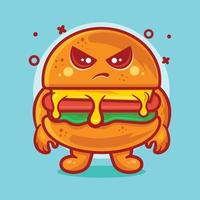 mascotte del carattere dell'alimento dell'hamburger serio con il fumetto isolato di espressione arrabbiata nel disegno di stile piano vettore