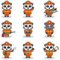 illustrazione vettoriale di cartone animato panda con costume da vigile del fuoco. set di simpatici personaggi panda. raccolta di panda divertente isolato su uno sfondo bianco.