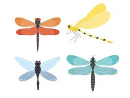 raccolta di set di icone piatte libellula di diversi colori in design piatto. insetti estivi colorati una vista dall'alto. illustrazione vettoriale